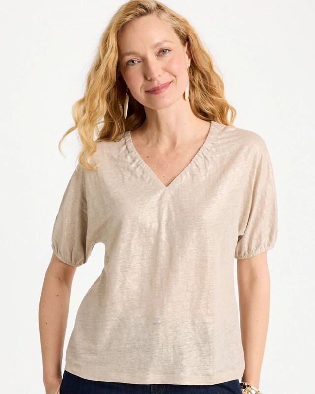 Fog Foiled Linen Ruched V-Neck Tee - image 1